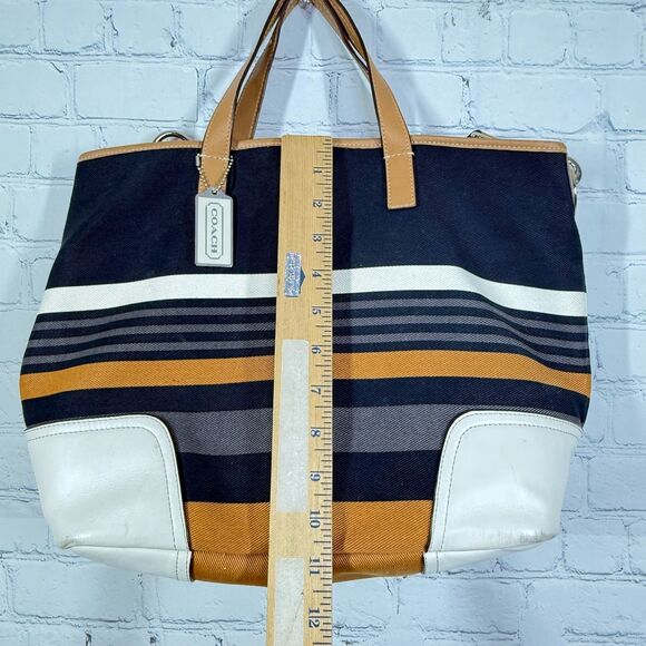 Coach Stripe Canvas Leather Trim Tote Bag Satchel Shoulder Bag Large Academia - Picture 5 of 16
